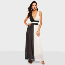 Sleeveless V-Neck Patchwork Color Block Women's Maxi Dress