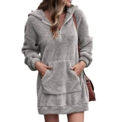 Long Sleeves Pocket Plain Mid-Length Pullover Hooded Women's Hoodie