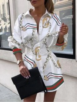 Button Print Slim Lapel Mid-Length Women's Blouse Shirt