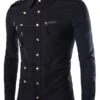 Single-Breasted Solid Color Button Down Decorated Men's Long Sleeve Shirt