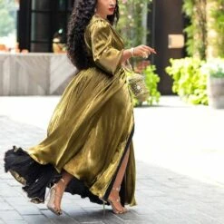 V-Neck Three-Quarter Sleeve Split Floor-Length High Waist Women's Maxi Dress -Rountine Shop d1bcd87d e88d 4760 a707 66428283f656