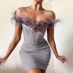 Feather Above Knee Short Sleeve Off Shoulder Bodycon Women's Dress
