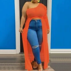 Plus Size Regular Plain Asymmetric Oblique Collar Long Sleeve Women's Blouse