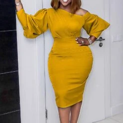 Long Sleeve Asymmetric Mid-Calf Oblique Collar Bodycon Women's Dress