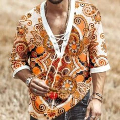 Floral V-Neck Ethnic Print Straight Men's Shirt