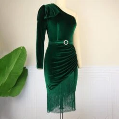 Long Sleeve Oblique Collar Tassel Mid-Calf Bodycon Women's Dress -Rountine Shop dfed19cb e8b1 4ec0 a9df 844f9ceb59ba