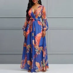 V-Neck Print Long Sleeve Pullover Women's Maxi Dress -Rountine Shop e2f473ab c059 4e48 9fcd b44b1aef5bbb