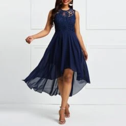 Dark Blue Sleeveless Back Lace Day Dress