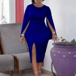 Split Round Neck Long Sleeve Mid-Calf Bodycon Women's Dress -Rountine Shop e399b46f 23f7 422e 86bc ceb202b7ac0a