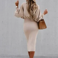 Formal Mid-Calf Long Sleeve Stand Collar Bodycon Women's Dress -Rountine Shop e9d0fa58 e2c5 457e aeed fc318fc568e3