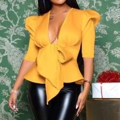 Lace-Up Plain Puff Sleeve Half Sleeve Women's Blouse 13 Lace-Up Plain Puff Sleeve Half Sleeve Women's Blouse -Rountine Shop ec2bba4b 86c3 4e1d bf00 10c78a335582