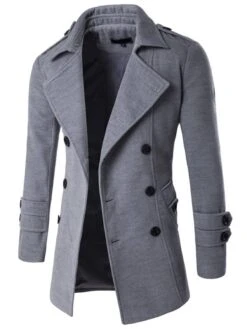 Lapel Double-Breasted Side Pocket Solid Color Slim Fit Men's Woolen Coat
