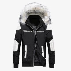 Slim Patchwork Color Block Zipper Hooded Men's Down Jacket