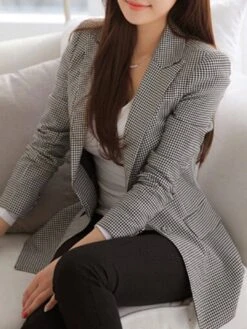 All-Matched Notched Lapel Checkered Women's Blazer -Rountine Shop f1df348a cdb6 46e8 9bfd 920b570121e3