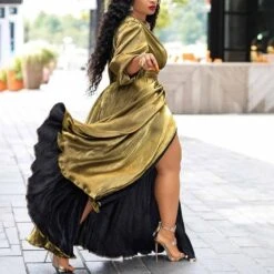 V-Neck Three-Quarter Sleeve Split Floor-Length High Waist Women's Maxi Dress -Rountine Shop f5d2a203 700e 4040 8814 57945efbbe51