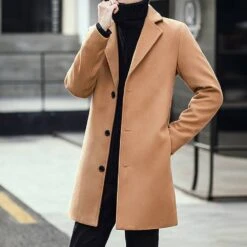 Korean Slim Lapel Mid-Length Plain Men's Coat -Rountine Shop f65d65be e957 4129 a8bb 18b678c93bdf