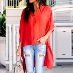 Plain Asymmetric V-Neck Mid-Length Women's Blouse -Rountine Shop fabb1001 e703 4d63 8e79 fe634ea9200a