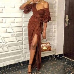 Floor-Length Pleated Half Sleeve V-Neck Party/Cocktail Women's Dress