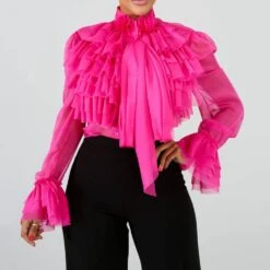 African Fashion Ruffles Front Sheer Plain Stand Collar Women's Blouse
