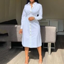 Polo Neck Long Sleeve Single-Breasted Women's Maxi Dress