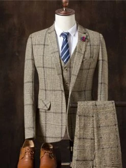 Three Pieces Sanding Plaid Collar Slim Fit Casual Men's Dress Suit