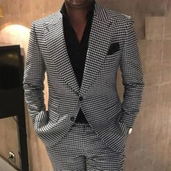 Fashion Pants Single-Breasted Houndstooth Men's Dress Suit