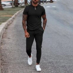 Casual Zipper T-Shirt Plain Summer Men's Outfit -Rountine Shop 97e02975 0f58 4ef0 81a4 0c787e28974f